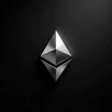 Ethereum (ETH) cryptocurrency logo, a silver diamond-shaped octahedron on a dark background.