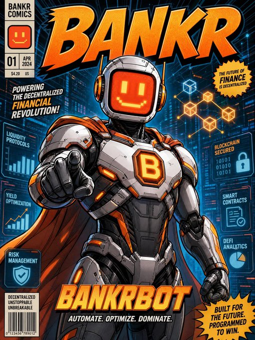 A BANKR Comics cover featuring 'BANKRBOT' - a robot superhero with the tagline 'Automate. Optimize. Dominate.' promoting decentralized finance.