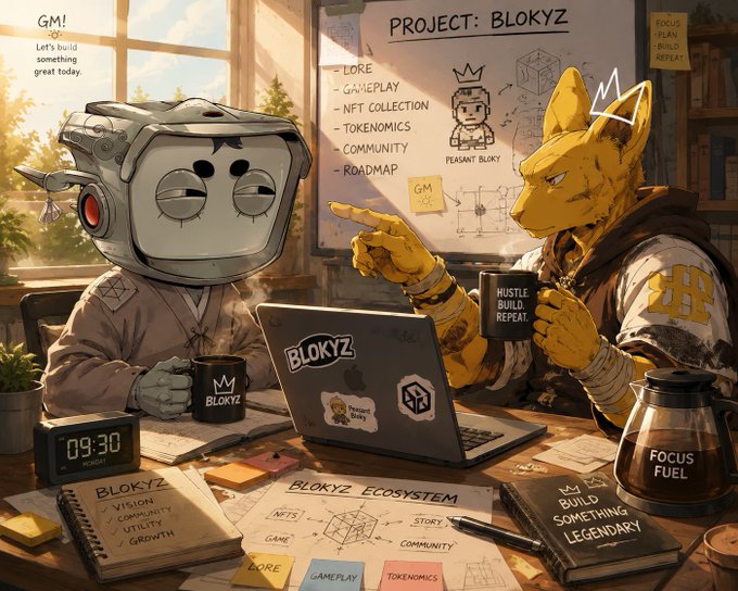 A cartoon illustration depicting a robot and an anthropomorphic yellow character planning 'Project: Blokyz,' with notes on lore, gameplay, NFT collection, tokenomics, community, and roadmap.