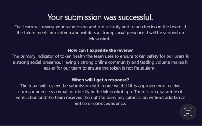A dark blue screen displaying "Your submission was successful" from Moonshot, with text explaining that the team will review the submission for security and fraud checks within one week before verifying the token. The image supports the post's claim that a $CATANA token listing has been submitted to Moonshot for review and potential verification.