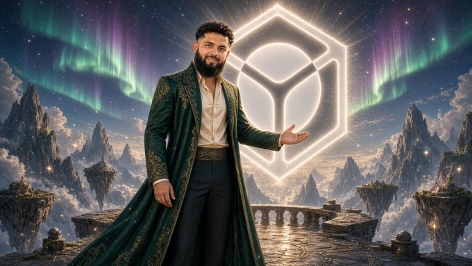 A digitally rendered man with a beard stands in a fantasy landscape with aurora borealis and mountains, presenting a glowing hexagonal logo containing a sphere.
