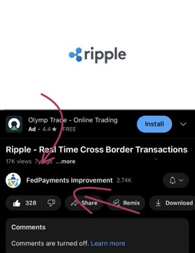 A screenshot of an app page showing the 'ripple' logo, with a YouTube ad for 'Olymp Trade' and a video titled 'Ripple - Real Time Cross Border Transactions' with arrows pointing to elements.