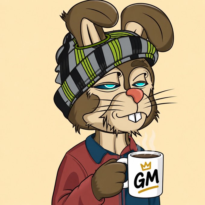 An illustration of a brown cartoon rabbit-like character with buck teeth wearing a striped beanie and red shirt, holding a mug labeled "GM" with steam rising from it.
