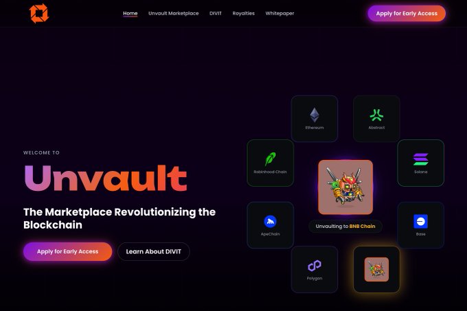 A website homepage for 'Unvault' with the tagline 'The Marketplace Revolutionizing the Blockchain,' featuring a central 'Unvaulting to BNB Chain' graphic surrounded by various blockchain logos including Ethereum, Avalanche, and Solana.