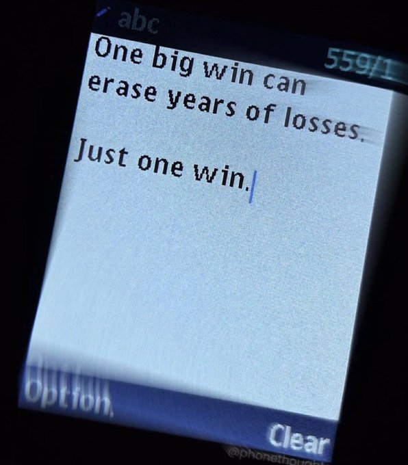 iphone screen displays a message about winning big, with a quote from "One big win can erase years of losses."
