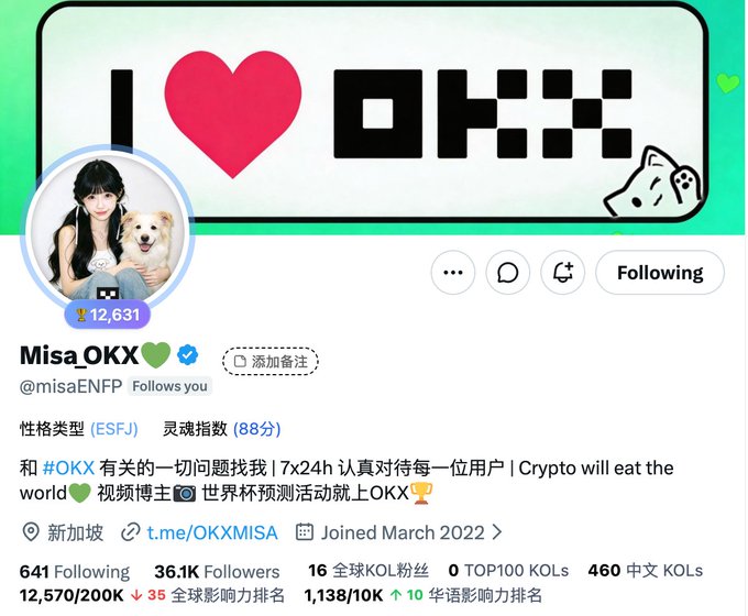 The image features a social media post from a person named Missa Okx. The post includes a photo of herself holding her dog, along with a caption that reads "I love OKX" followed by a hashtag (#okx). The post also mentions that she is a fan of the OKX account and shares some information about the account's followers and their engagement levels on social media platforms like Twitter.