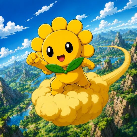 The image features a cartoon character, likely a flower or sunflower, riding atop a cloud-like object that appears to be yellow. The character has a big smile on its face as if enjoying the ride. The background of the image shows mountains in the distance and water below them, creating a picturesque landscape. The post reads "gm another $TOUCHGRASS Thursday stay touching grass and cruising above the noise. who’s outside today? $TOUCHGRASS #touchgrass". This suggests that the character is likely from a world where the sunflower or flower-like creature is a popular symbol, and it's common for people to ride on clouds made of flowers in their daily lives.
