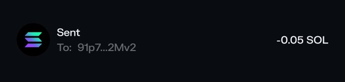 A wallet transaction notification showing "Sent" of -0.05 SOL to address 91p7...2Mv2, appearing to congratulate a user named @adeonsol likely on receiving this small SOL transfer.