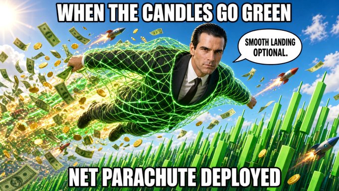 A meme showing a man in a suit being lifted by a green net among flying money, rockets, and green stock chart bars, with text reading 'WHEN THE CANDLES GO GREEN', 'SMOOTH LANDING OPTIONAL.', and 'NET PARACHUTE DEPLOYED'.