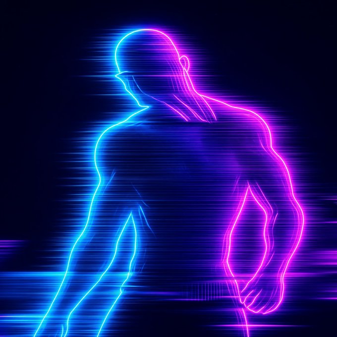 A neon-style digital art piece showing a hooded figure's silhouette outlined in glowing blue and pink light against a dark background.
