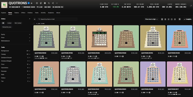 A dark-themed NFT marketplace interface called QUOTRONS displaying a grid of pixelated cash register listings with prices in ETH, including items like QUOTRON #544, #570, and #628.