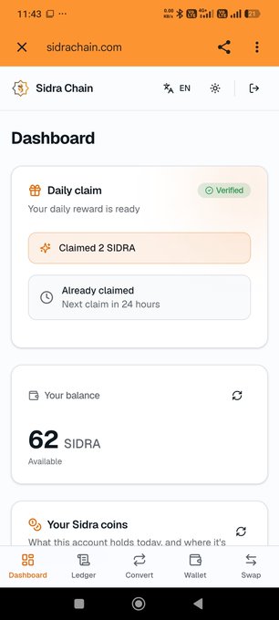 The image shows the Sidra Chain dashboard where a user has successfully claimed their daily reward of 2 SIDRA tokens, with their current balance showing 62 SIDRA available. This visually confirms the post's message about the daily claiming feature on the Sidra dashboard, demonstrating how members can accumulate tokens like 2 SDA daily through consistent engagement.