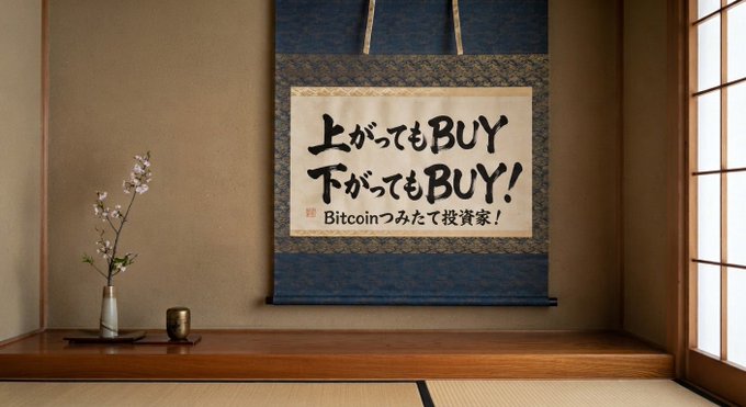 A Japanese-style room featuring a hanging scroll with the text '上がってもBUY 下ってもBUY! Bitcoinつみたて投資家!' (Buy when it goes up, Buy when it goes down! Bitcoin accumulation investor!), accompanied by a vase with cherry blossoms and a teacup.