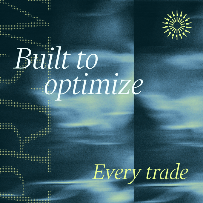 A stylized promotional graphic with a deep blue, water-like textured background featuring the text "Built to optimize" in white serif italics and "Every trade" in yellow-green italic script at the bottom right. A small sunburst-style logo sits in the upper right corner, while vertical dotted patterns line the left edge—visually reinforcing the post's message about optimizing order matching through Dual Flow Batch Auctions.