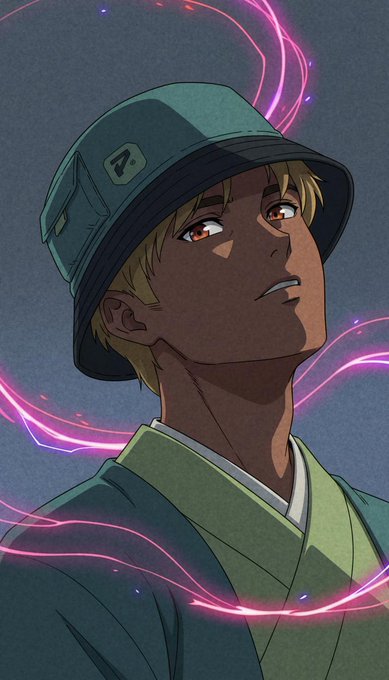 Anime-style artwork of a blonde character with orange eyes wearing a bucket hat, surrounded by pink swirling energy lines against a dark background.