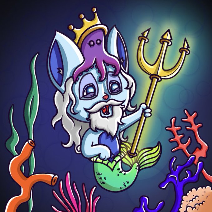 A cartoon illustration of a blue sea king with a white beard, purple octopus on his head, and golden crown, holding a trident underwater surrounded by colorful coral.