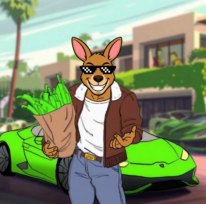 A cartoon kangaroo wearing pixelated "deal with it" sunglasses and a brown jacket stands confidently in front of a bright green Lamborghini, holding a paper bag full of cash while flashing a "shaka" hand sign. The image humorously captures the "When Lambo?" crypto meme culture, visually representing the post's promise that early supporters of $KANGU will soon enjoy luxury wealth.