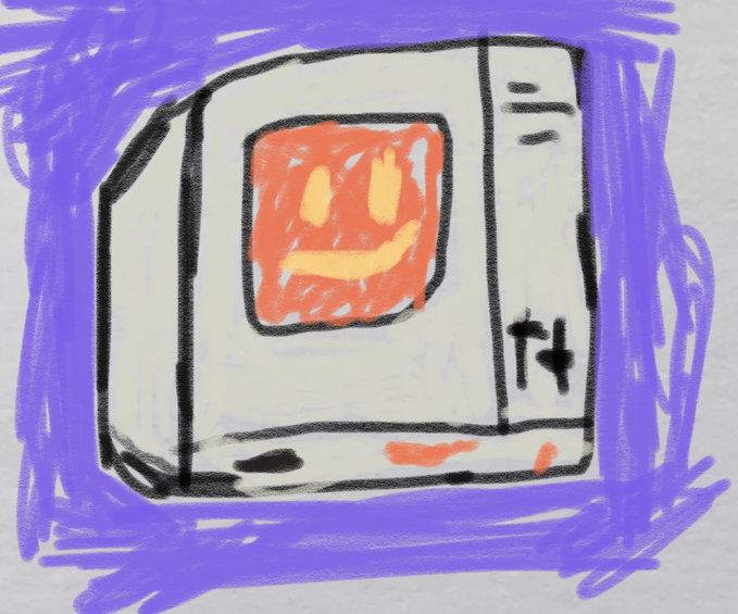 A child-like digital drawing of an old-style CRT computer monitor with an orange smiling face on its screen, set against a scribbled purple background.