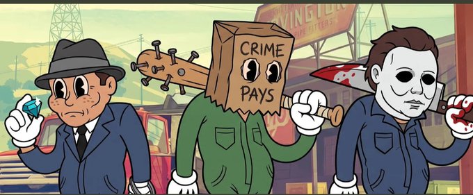 Cartoon illustration featuring three stylized characters: a man in a fedora holding a gem, a figure in a green jumpsuit with a brown paper bag over their head reading "CRIME PAYS" carrying a spiked bat, and a figure in a white Michael Myers-style mask holding a bloody knife.