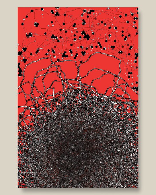 An abstract artwork featuring tangled wire-like forms and splatter marks against a vivid red backdrop.