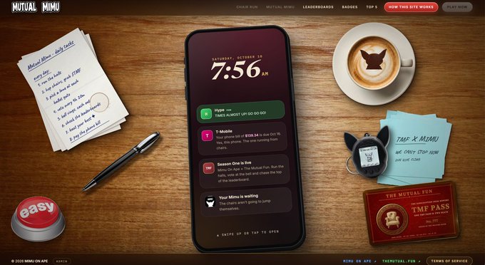 A promotional website for "Mutual MiMu" shows a smartphone displaying an in-game interface with daily tasks (Hyper, T-Mobile, Season One is live, Your MiMu is waiting) on a wooden desk alongside a coffee cup, notes, a keychain, and an "easy" button.