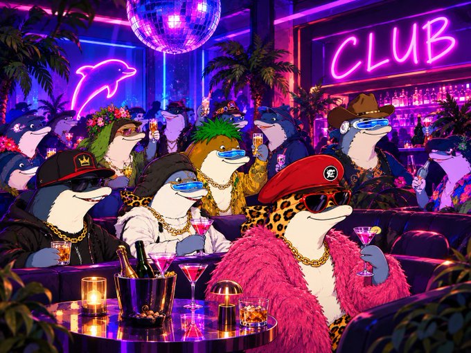 An AI-generated illustration depicts anthropomorphic dolphins dressed in flashy streetwear and accessories, partying at a neon-lit 'CLUB' with disco balls, cocktails, and champagne.