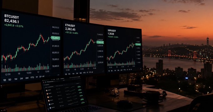 A trading desk at dusk overlooks a city skyline with three monitors displaying bullish candlestick charts for BTCUSDT (82,436.1, +3.57%), ETHUSDT (2,362.45, +4.48%), and XRPUSDT (1.5639, +3.16%), visually reinforcing the post's message that crypto is rebounding sharply despite widespread panic about a market crash.