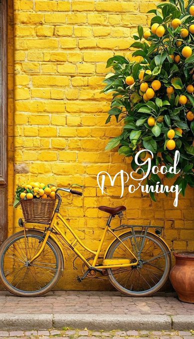 A vibrant street scene featuring a yellow bicycle with a basket of lemons parked against a bright yellow brick wall beside a lemon tree, with 'Good Morning' text overlay.