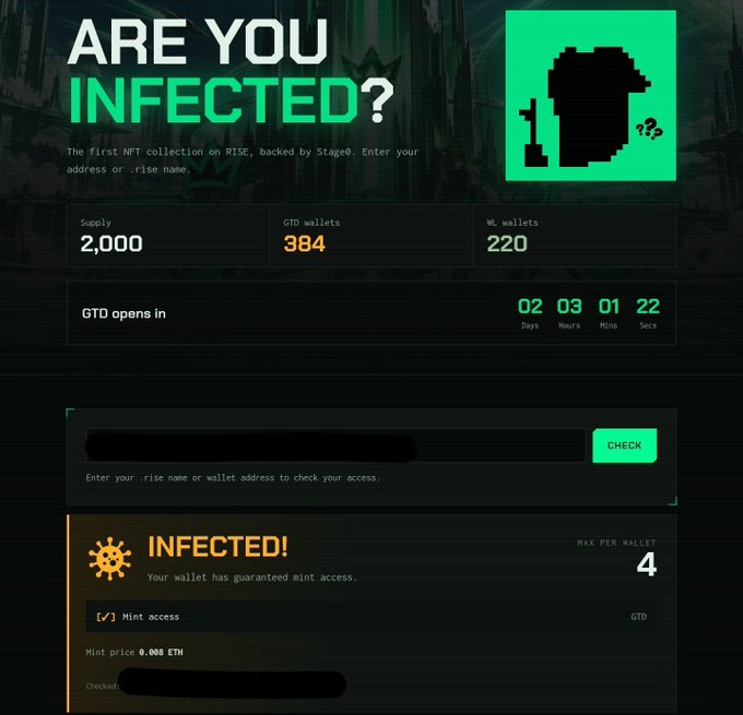 A webpage interface titled 'ARE YOU INFECTED?' for an NFT collection on RISE, showing supply statistics and a wallet check tool.