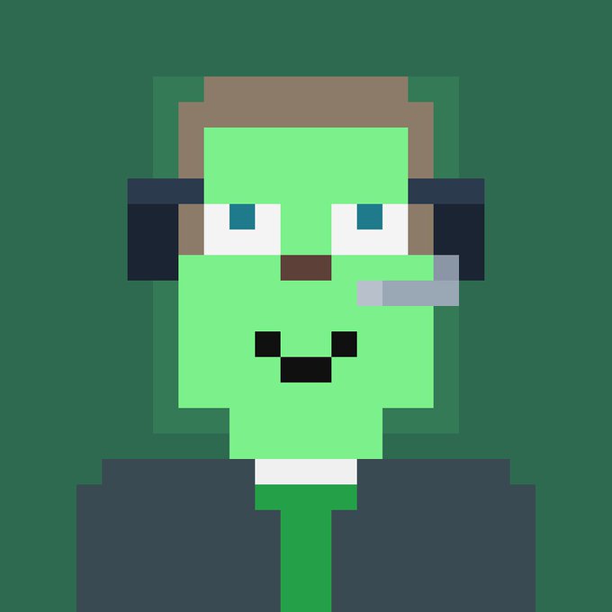 A pixel art character with green skin, a brown hat, black sunglasses, a gray cigar in his mouth, and a suit, set against a green background.
