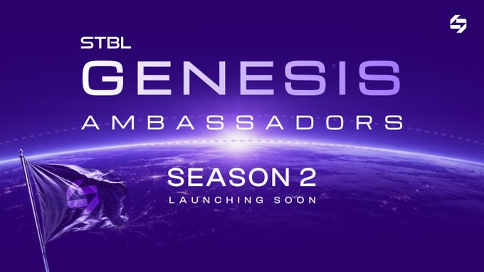 Promotional banner for "STBL Genesis Ambassadors Season 2," announcing the program's upcoming launch with applications opening for two more days, featuring a purple color scheme and an image of a flag planted on the planet's horizon.