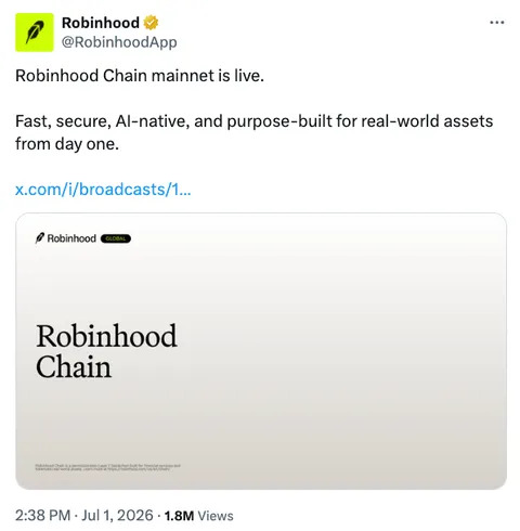 The image displays a tweet from Robinhood announcing that its "Robinhood Chain mainnet is live," featuring a visual with "Robinhood Chain" prominently displayed. This aligns with the accompanying post which details Robinhood-backed Arcus launching tokenized stocks and perpetual futures on Robinhood Chain.