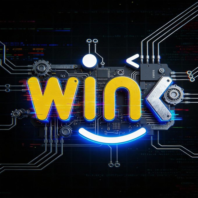 Digital graphic featuring the word 'WINK' stylized as glowing yellow and metallic letters on a high-tech circuit board background, with a curved blue neon smile underneath.