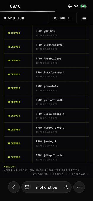 The image shows a smartphone screenshot of a "$NOTION" app's notification feed displaying multiple "RECEIVED" entries from various users (@x_nes, @Lucienzayne, @Bobby_9291, @skyfortress4, @1man1614, @s_fortuna18, @ecko_kombos, @trove_crypto, @erin_18, @ChapoXperia) on August 12th, with timestamps ranging from 21:45 to 23:59 UTC. This corresponds to the accompanying post, where the user is thanking people who tipped them $MOTION cryptocurrency overnight while they were sleeping, showing the log of received tips awaiting repayment.