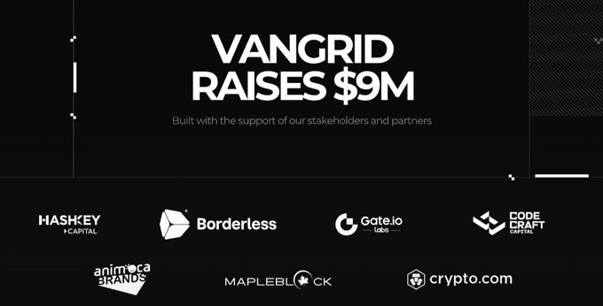 A black banner announcing 'VANGRID RAISES $9M' with investor logos including HashKey Capital, Borderless, Gate.io, CodeCraft Capital, Animoca Brands, MapleBlock, and Crypto.com.