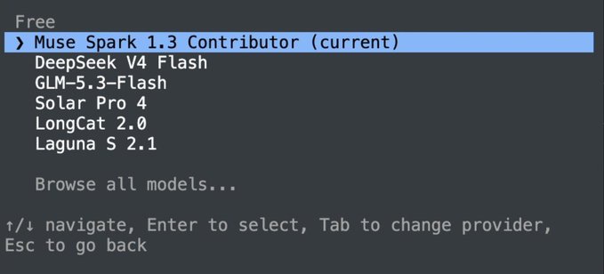 A screenshot of Cline's model selection menu showing free AI models available at $0, with "Muse Spark 1.3 Contributor (current)" highlighted at the top, followed by options including DeepSeek V4 Flash, GLM-5.3-Flash, Solar Pro 4, LongCat 2.0, and Laguna S 2.1, with navigation instructions displayed at the bottom.