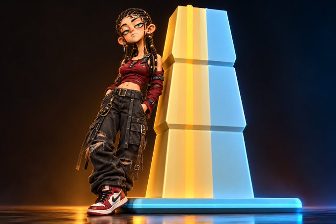 A stylized 3D-rendered character with braided hair, glasses, and streetwear leans against a tall, geometric pillar illuminated by blue and orange lighting.