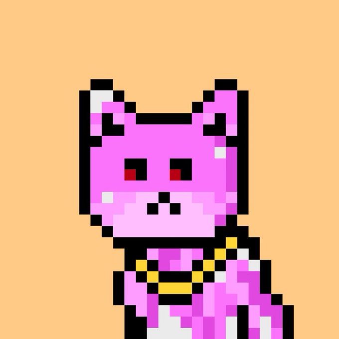 The image features a cartoon cat wearing a gold chain around its neck with a yellow collar. The cat appears to be looking at the camera, giving off an impression of curiosity or interest. The background color is orange, which contrasts nicely with the pinkish-purple hue of the cat's fur and the gold chain it's wearing. The image also contains text that reads "Solana Saturday One of the best parts about web3 are the communities Tickers, NFTs, or other groups Tag a community and let’s stay connecting I’ll start @solanastrays".