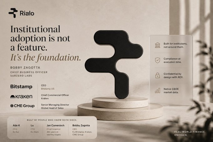 A promotional graphic for Rialo featuring the tagline 'Institutional adoption is not a feature. It's the foundation,' alongside logos of Bitstamp, Kraken, and CME Group, and a list of advisors including Bobby Zagotta.