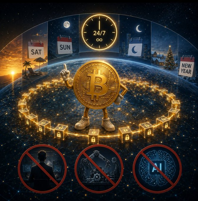 A golden Bitcoin character stands atop a chain of locked blocks, surrounded by calendar pages marked "SAT," "SUN," and "NEW YEAR," plus a "24/7 ∞" clock, illustrating how Bitcoin's network continues producing blocks nonstop—even on weekends and holidays—without any human operators, as shown by the crossed-out figures of a person, a robot, and "AI" below.