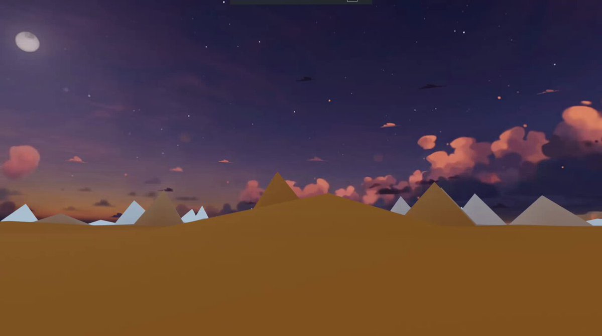 The image features a desert scene with a large pyramid-shaped structure at its center, surrounded by smaller structures that resemble mountains or hills. The sky above has a mix of clouds and stars, creating an atmospheric backdrop for the scene. In the bottom right corner of the image, there is text that reads "lmao i love how the hyperfy scene i made (desert.hyp) lowkey looks like the @decentraland logo (happy accident) and now i'am happy the spring bones and expressions work!!". The overall composition of the image suggests a sense of adventure or exploration, with the desert landscape serving as a backdrop for an avatar running around in the same area.