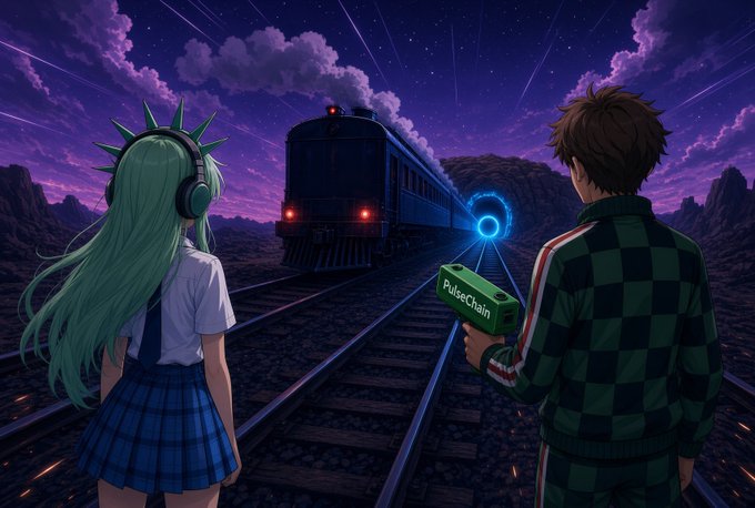 The image depicts a stylized Statue of Liberty character and another figure looking down train tracks towards a glowing portal, with one figure holding a device labeled "PulseChain." This visually represents the idea of a transition or journey, aligning with the post's description of pDAI as "unfinished plumbing that's finally being switched on" and its journey towards a $1 value.