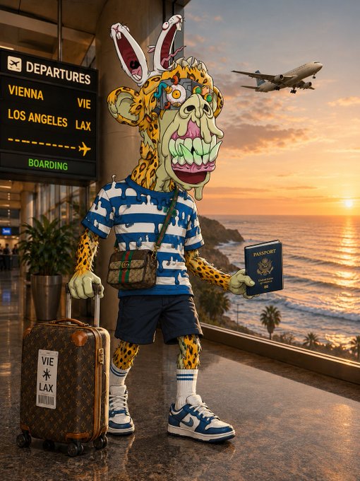 An illustrated anthropomorphic giraffe wearing bunny ears, a striped shirt, and shorts stands in an airport holding a passport, a Gucci-style crossbody bag, and a Louis Vuitton-style suitcase with a 'VIE ✱ LAX' luggage tag; a departures board reads 'VIENNA VIE' and 'LOS ANGELES LAX'.