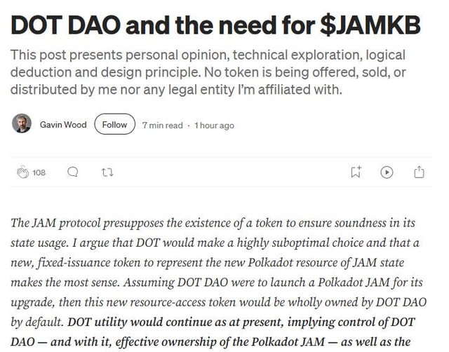 The image features a white background with black text that reads "DOT DAO and the need for $JAMKE" at the top, followed by a list of reasons why someone might want to stake their tokens against the DAO. The main point is that the DAO was created as a new type of token, which has been used in the past to create tokens against the DAO. The post also mentions that there are some people who believe in the DAO and have already staked their tokens for it.