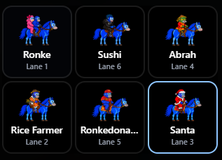Digital horse racing lineup showing pixel-art horses named Ronke (Lane 1), Rice Farmer (Lane 2), Santa (Lane 3, selected), Abrah (Lane 4), Ronkedona (Lane 5), and Sushi (Lane 6).