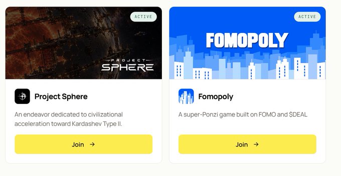 A webpage lists two active projects: “Project Sphere” and “Fomopoly,” each with a yellow “Join” button.