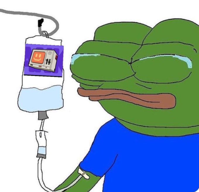 A cartoon of the crying Pepe the Frog meme wearing a blue shirt, receiving an IV drip with a smiley face on the bag.