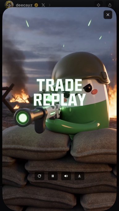 A mobile interface showing a 'TRADE REPLAY' video with a cartoon character wearing a green helmet and a sticker pack, set in a war scene with sandbags and fire, with the username 'deecayz' visible.