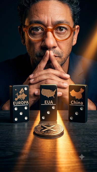 A digitally composited image of a man with glasses resting his chin on his hands behind three black domino-like tiles labeled 'EUROPA', 'EUA', and 'China' (showing maps of Europe, the USA, and China), with an XRP-branded coin on the table in front of him.