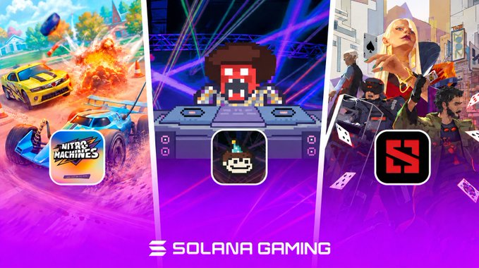 Promotional graphic for "Solana Gaming" featuring three game panels—Nitro Machines, a pixel art DJ game, and a card-based Showdown TCG—with icons corresponding to the three games being streamed that week.